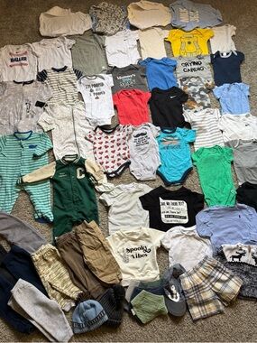Bundle of Baby Boy Clothing Sz 6 mos - 6/9 mos One pieces Tops Bottoms Bibs Etc